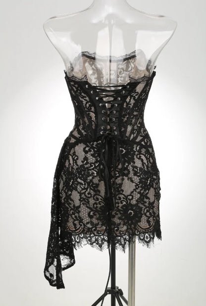 Christmas Dress For Women Red Lace Sexy Strapless Sleeveless Slim Supper Short Dress With Lace-Up