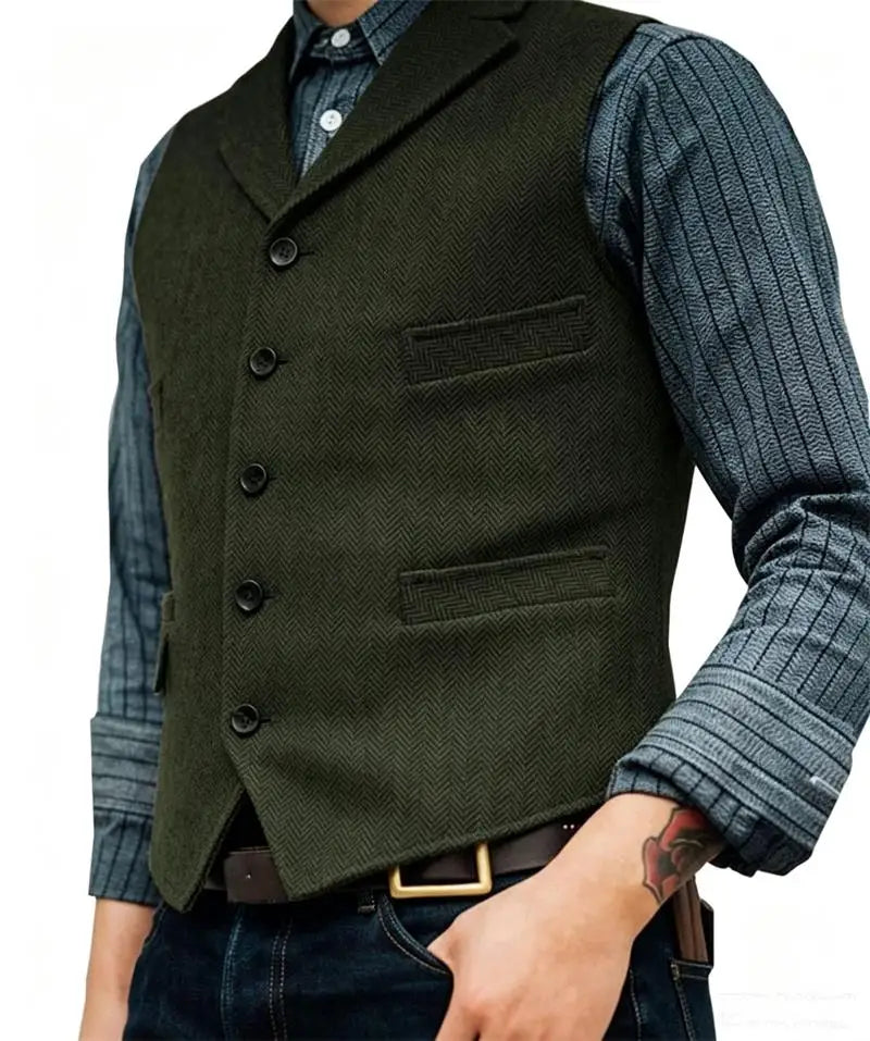 Men's Wool Tweed Suit Vest Lapel V Neck Sleeveless Herringbone Retro Casual Slim Fit Wedding Business Waistcoat for Tuxedos