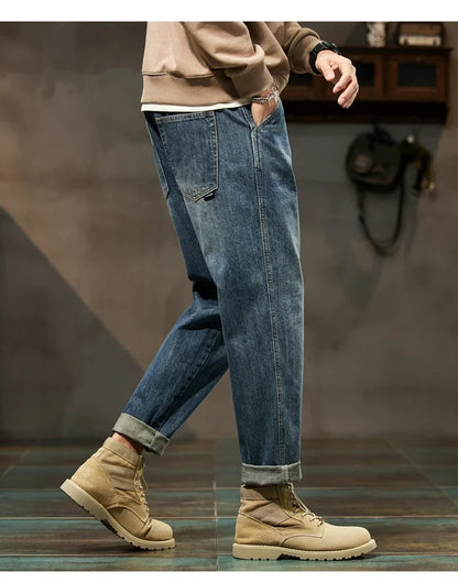 Men's Spring 2026 Loose Harem Pants Denim Retro Solid Comfortable Harajuku Straight Jeans Simple Fashion Versatile Cargo Trouser