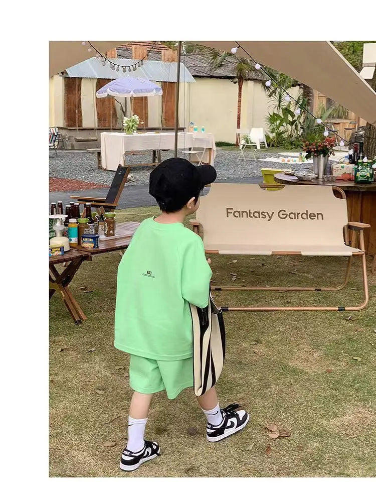 Summer Casual Boys Cotton Loose Alphabet T-shirt Tops+Short Pants Set School Kids Tracksuit Children 2-Piece Outfit Suit 2-14Yrs
