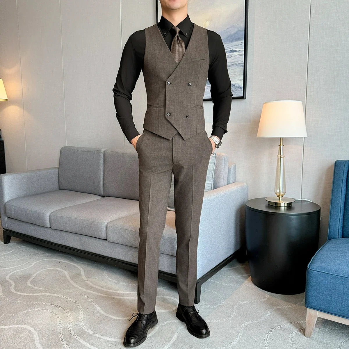( Vest + Pants) Men Double Breasted Striped Suit Vest 2 pieces Fashion Business Slim Fit Wedding Dress Sleeveless Vest Sets
