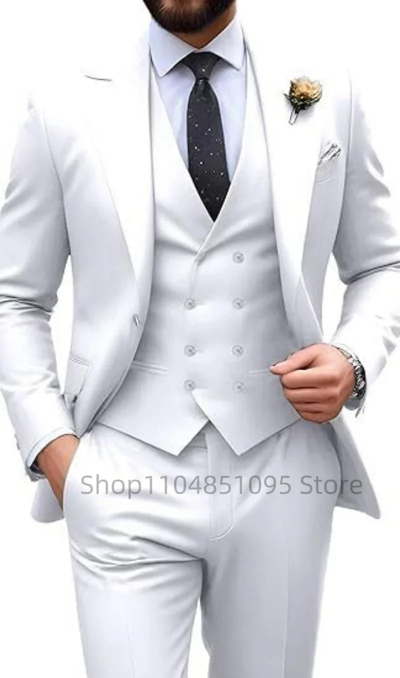 Men's Solid Color Slim Fit Formal Business Suit Wedding 3-Piece Set with Peak Lapel Blazer Vest And Trousers for Party Prom