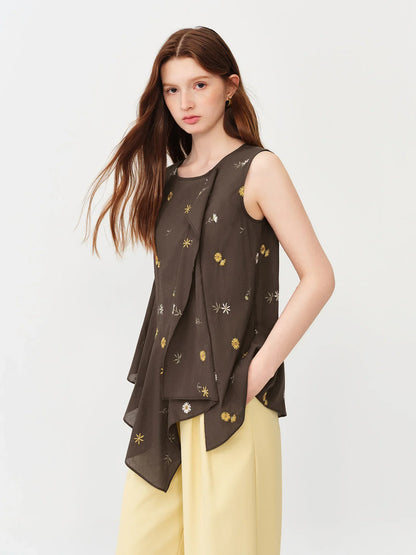2026 Summer Women Asymmetrical Cut-out Tie-Neck Sleeveless Blouse Round Neck Top Soft Elegant Daily Layering Essential