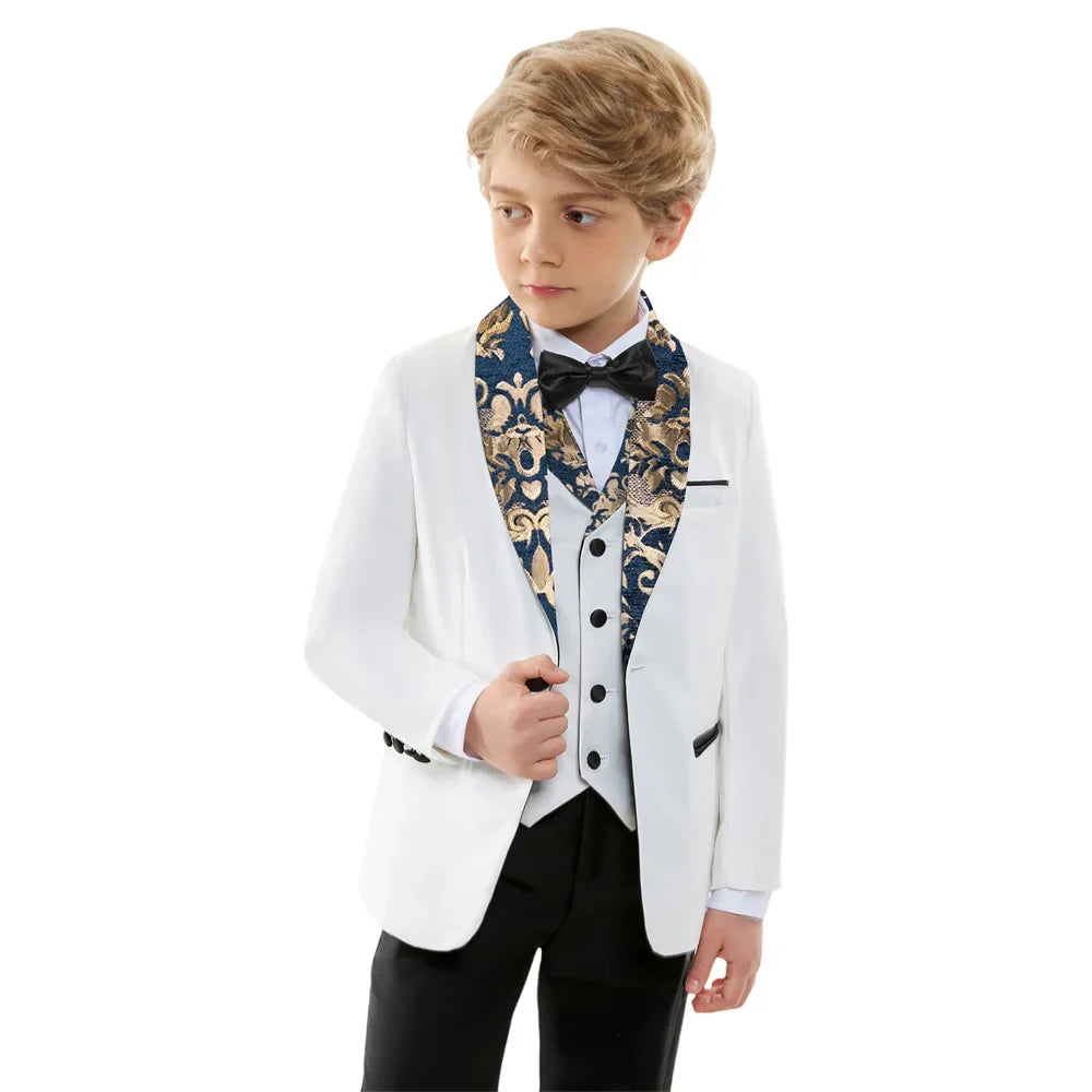 Stylish Jacquard Collar Boys Suits 3 Pieces Jacket Vest Pants Piano Performance Autumn Long Sleeve Kids Tuxedo Sets For Birthday