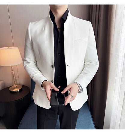 New Waffle Chinese Stand-Up Collar Blazers Men Slim Fit Business Casual Fashion Suits Jacket Formal Social Prom Party Tuxedos