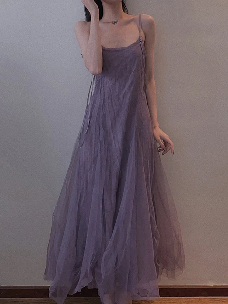 Slimming Effect Purple Mesh Ankle-Length Dress Women's plus Size Strapless Gown Korean Style High Waist A-Line Skirt