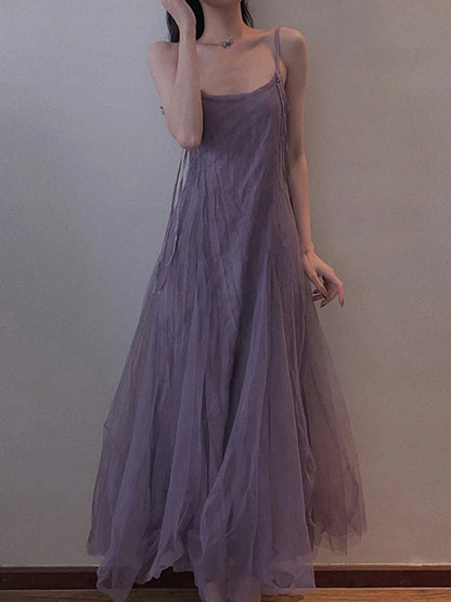 Slimming Effect Purple Mesh Ankle-Length Dress Women's plus Size Strapless Gown Korean Style High Waist A-Line Skirt