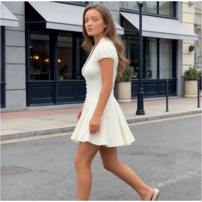 Elegant Solid Polka Dot Dress Women Sexy Deep V Neck Puff Sleeve Waist-cinching Mini  A-line Dresses 2026 Summer Lady Party Robe
