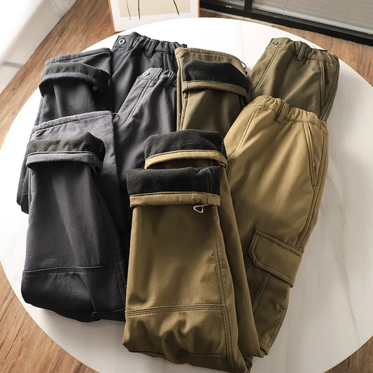 Winter Mens Fleece Cargo Pants New Casual Pants Thick Warm Black Tactical Pants Multiple Pocket Man Trousers