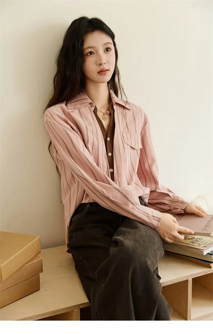 Peach Skin Velvet Stripe Shirt for Women Autumn 2025 Double Layered Collar Contrasting Color Shirt Commute Top MXE47C2408