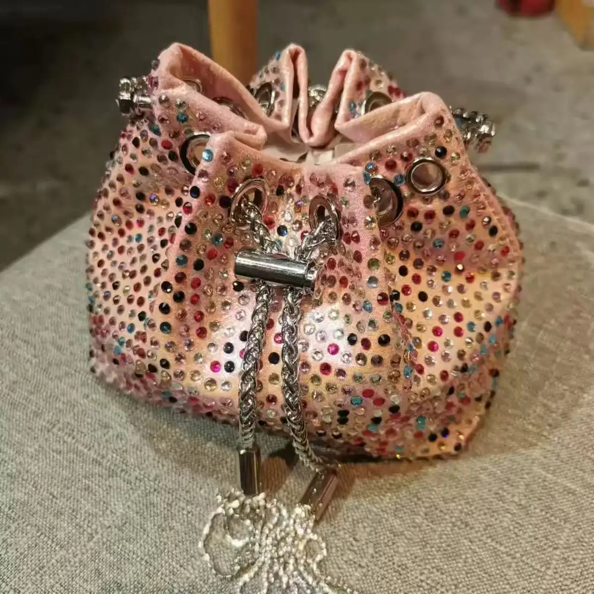 Luxury Designer Women Handbag Glitter Diamond Banquet Bag Satin Bucket Bag Wedding Party Clutch Purse Exquisite Evening Bag