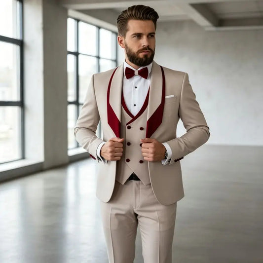 3 Pieces Men's Slim Fit Wedding Tuxedo Beige Groom Prom Dinner Blazer Vest Pants Set Classic Business Formal Suit for Men