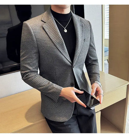Men's Elegant Grid Suit Jacket 2026 Spring New Fashion Slim Blazer Jackets Social Prom Dress Jacket Men's High Quality Clothing