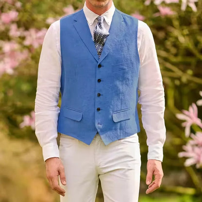 Men's Linen Suit Vest Lapel Sleeveless Summer Linen Waistcoat Single Breasted  For Beach Wedding Holiday Mens Gilet