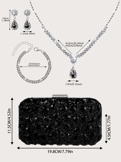 Fashionable and Luxurious, Simple Rhinestone Party Clutch and Box Bag, Exquisite and Elegant Women's Evening Bag, Paired with a Gorgeous Rhinestone Pendant Necklace, Bracelet, and Earrings Four-Piece Set, Perfect Wallet for P