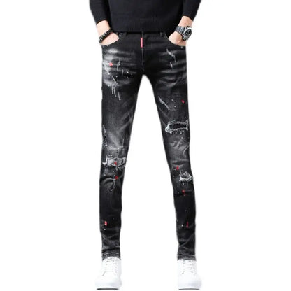 New Arrival Spring Autumn Denim Jeans for Men Slim Distressed Ripped Pants Paint Splatter Design Streetwear Luxury Slim Jeans
