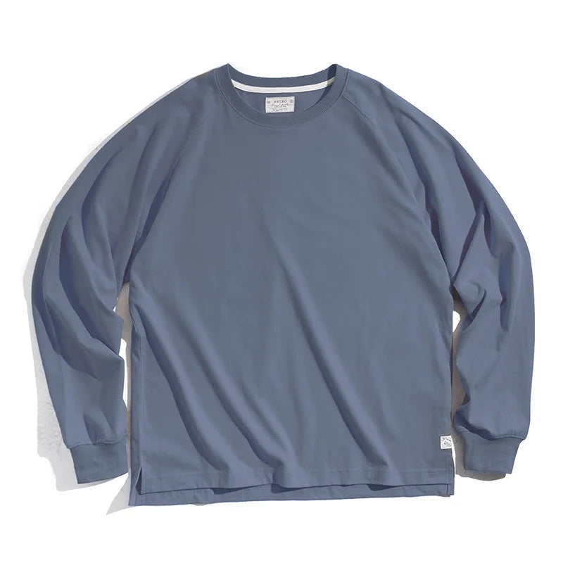 100% Cotton Loose Crew Neck Long Sleeve T-shirts Men's  230g Thin Breathable Tee Shirt Basic Solid Color Oversized Tops