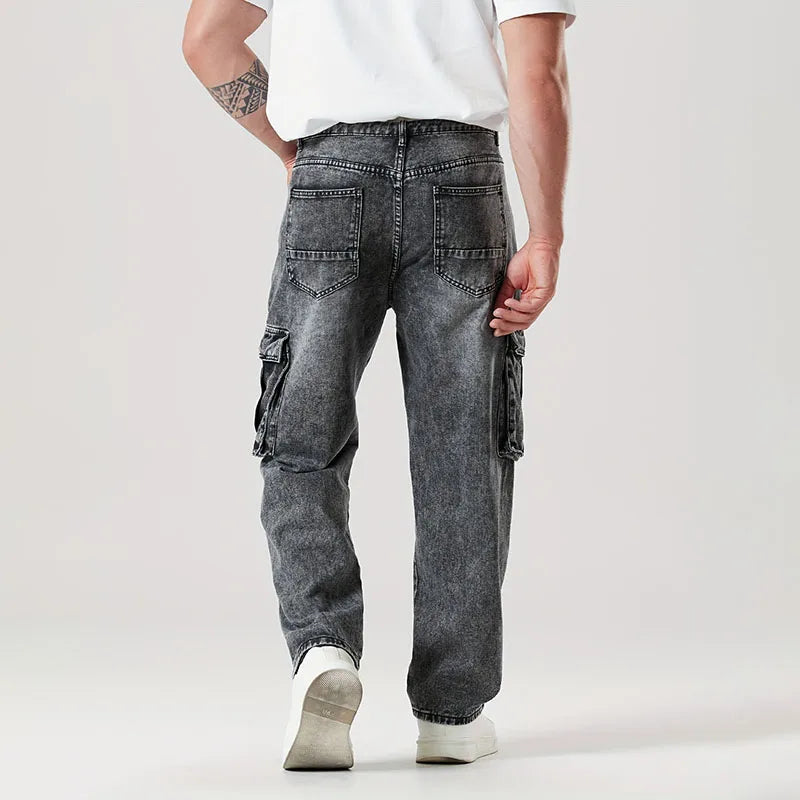 Korean Casual Comfortable Loose Fitting Jeans For Men Large Pocket Jeans Seasons Straight Leg Pants Work Pants