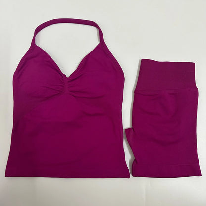 Women Yoga Set Seamless Yoga Longline Strappy Tank Top Scrunch Sports Shorts Gym Clothes Woman Summer Workout Outfit