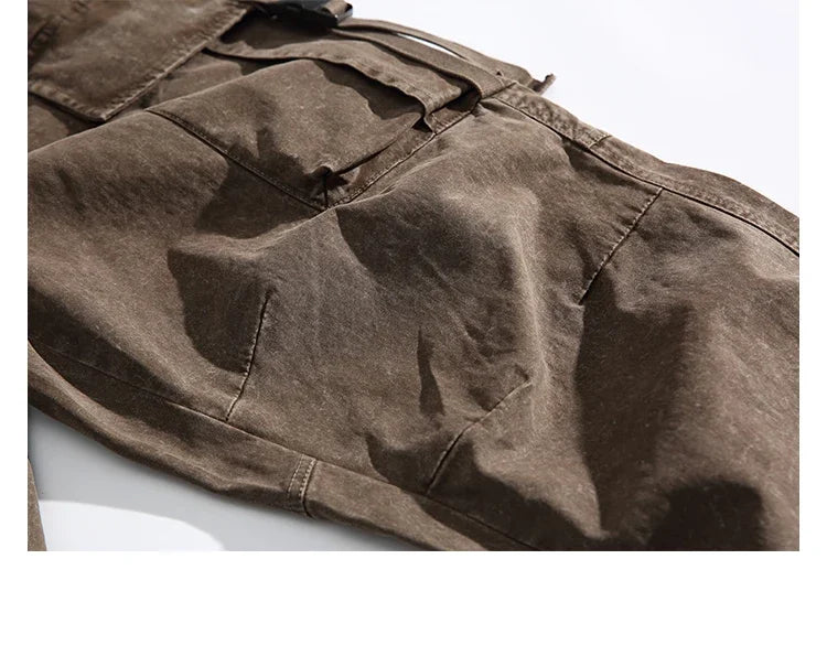 Oversized Baggy Vintage Washed Cargo Pants Men Loose Fit Drawstring Cuffed Retro American Style Streetwear Hip Hop Utility Pants