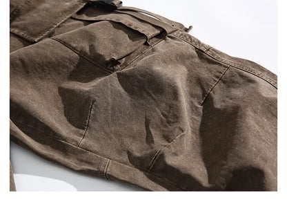 Oversized Baggy Vintage Washed Cargo Pants Men Loose Fit Drawstring Cuffed Retro American Style Streetwear Hip Hop Utility Pants