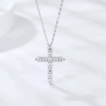Full Moissanite Cross Pendant Original Sterg Sliver Chain Plated White Gold Fine Necklace For Women Jewelry