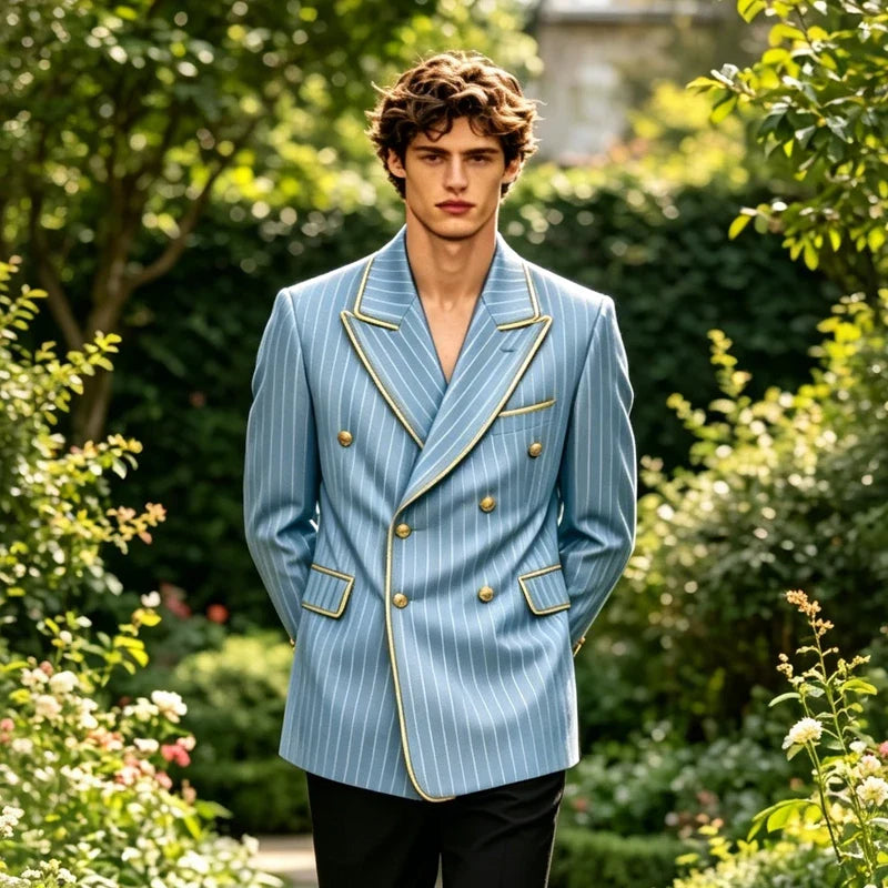 Luxury Men's Pinstripe Blazer Gold Trim Peak Lapel Formal Suit Breathable Lightweight Jacket for Business Party Wedding Coat