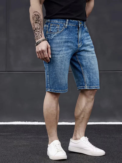 New Business Men's Jeans Casual Straight Stretch Fashion Classic Blue Black Men's Summer Denim Shorts Knee-Length