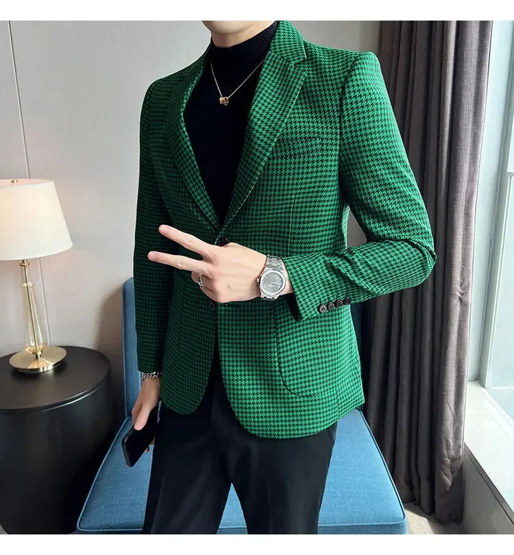 2025 Spring Men's Plaid Suit Jacket Korean Luxury Business Slim Fit Social Suit Jacket Formal Social Party Wedding Prom Tuxedo