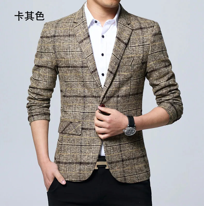 Men's Korean Style Spring Autumn Casual Small Suit Checkered Jacket Fitted Large Size Single Western Wear