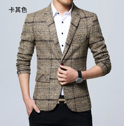 Men's Korean Style Spring Autumn Casual Small Suit Checkered Jacket Fitted Large Size Single Western Wear