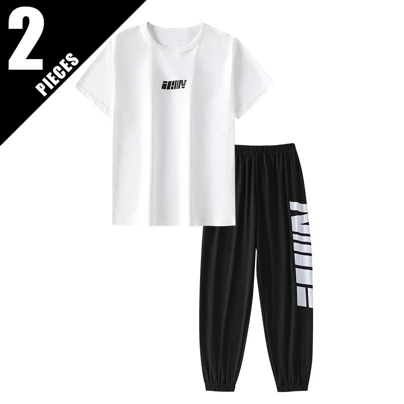 2-pcs Summer Youth Fashion Letter Set 13-16 Year Old Boys and Girls Simple and Versatile Letter Short Sleeve T-shirt Black Pants