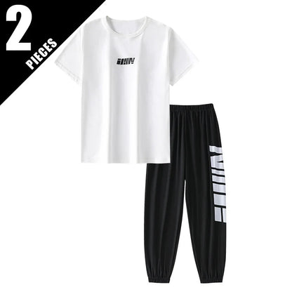 2-pcs Summer Youth Fashion Letter Set 13-16 Year Old Boys and Girls Simple and Versatile Letter Short Sleeve T-shirt Black Pants