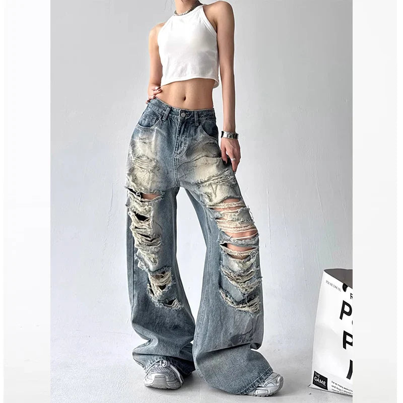 American Sle Trendy Girl Destroyed Denim Jeans Women Loose Wide Leg Straight Cut Floor-Length Pants High Waist Casual Jeans