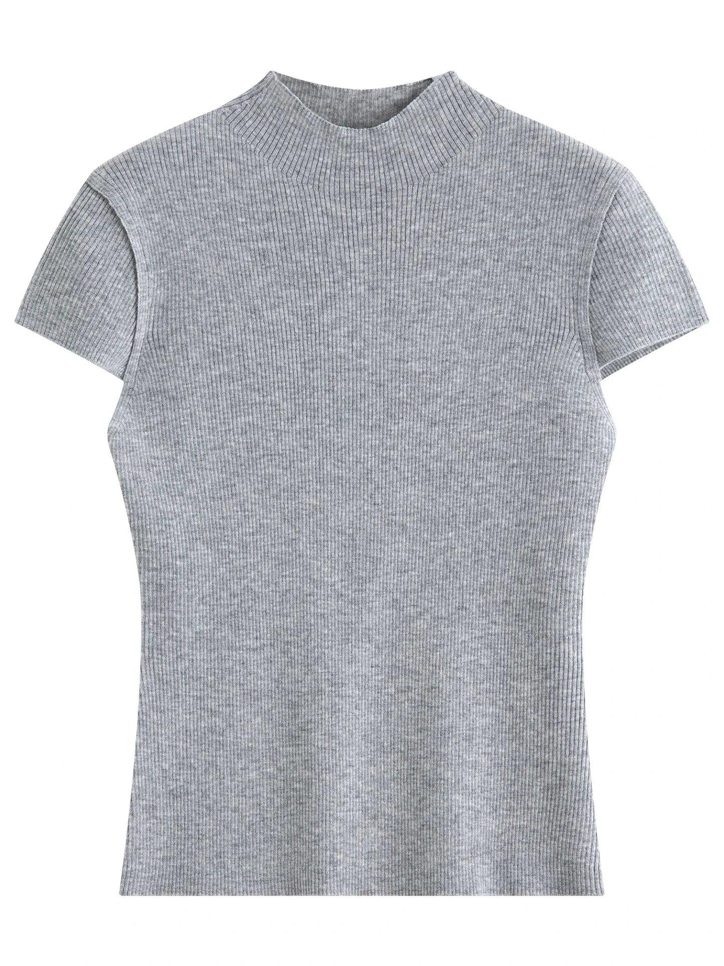2026 Spring Women's Semi-High Neck Solid Wool Knit Sweater - Slim Fit Short Sleeve Simple Top for Casual Office Wear
