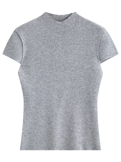 2026 Spring Women's Semi-High Neck Solid Wool Knit Sweater - Slim Fit Short Sleeve Simple Top for Casual Office Wear
