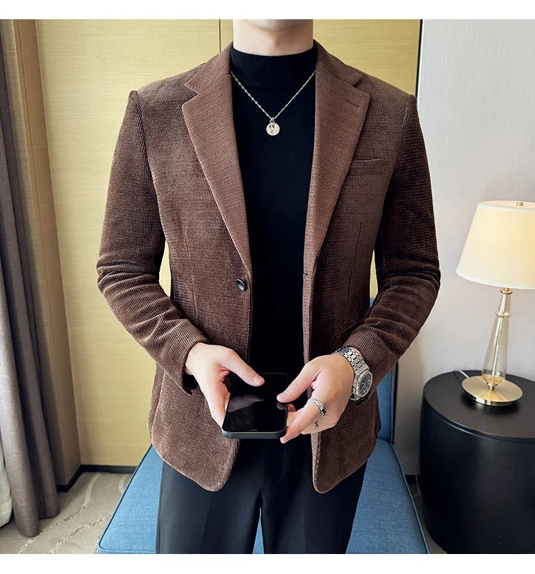 Autumn Winter Fashion Seaweed Pattern Suit Jacket High Quality Luxury Slim Fit Casual Men's Blazers Coats Social Prom Tuxedo
