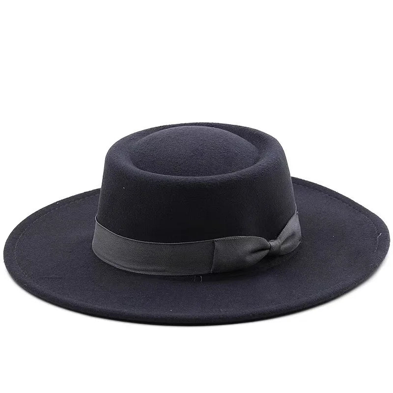 9.5cm Brim Round Top Hat Solid Color Fedoras Bow Flat Top Boater Style Panama Hats for Women Men Party Wedding Church Felt Caps