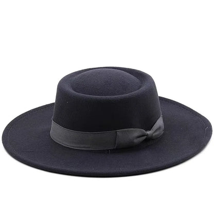 9.5cm Brim Round Top Hat Solid Color Fedoras Bow Flat Top Boater Style Panama Hats for Women Men Party Wedding Church Felt Caps