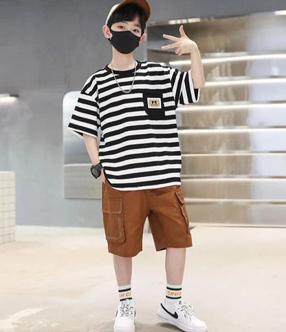 Stripes Children's Outdoor Clothes 4 Years Clothing Suit for Kids Boys Top Bottom Set Junior Shorts Summer Boy Child T-shirt 7 8