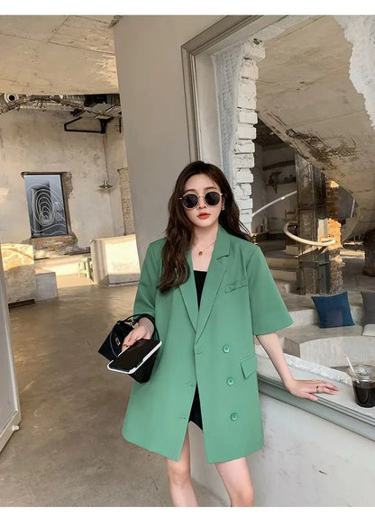 Korean Fashion Loose Thin Blazer Women Spring Autumn New Extra Large Mid Length Short Sleeved Women Coat Casual Outwear