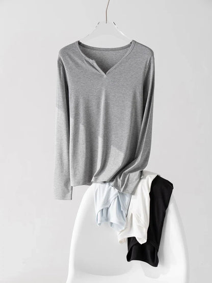 Women Solid T Shirt, Silk Viscose Blend, V Neck, Long Sleeves Chic Shirt 2025 Spring Summer Cozy Top, White, Grey