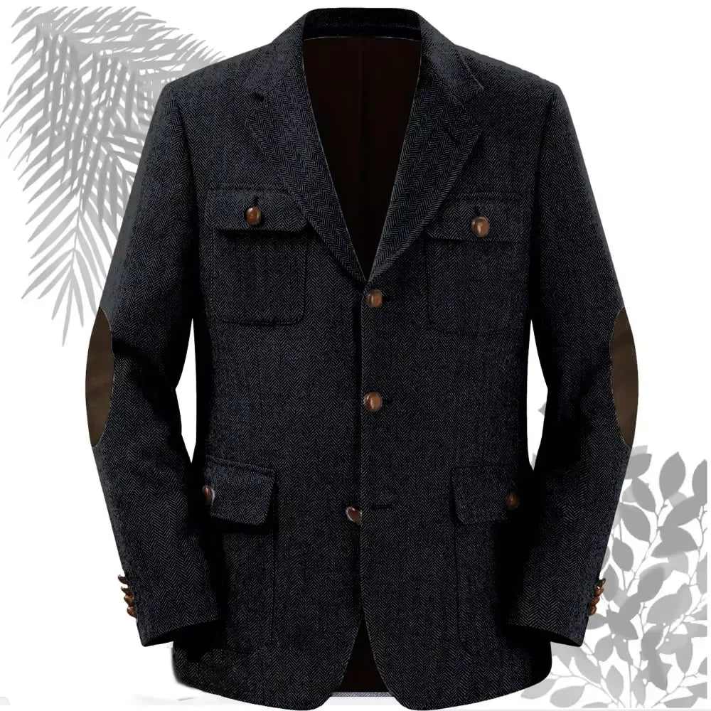 Autumn Winter Multi-Pocket Hunting Jacket Herringbone Tweed Men's Sporty Formal Blazers Suit Vintage Elegance Menswear 2025 NEW