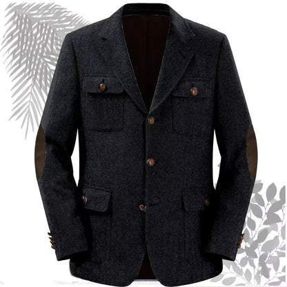 Autumn Winter Multi-Pocket Hunting Jacket Herringbone Tweed Men's Sporty Formal Blazers Suit Vintage Elegance Menswear 2025 NEW