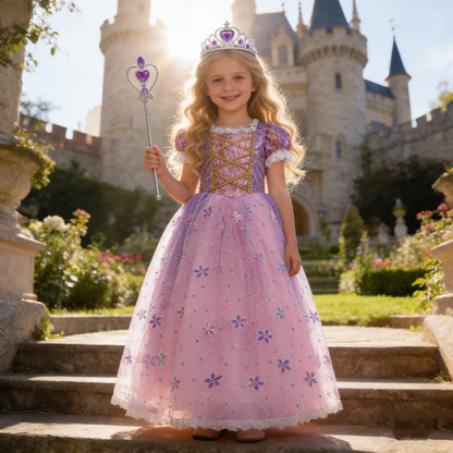Girl Rapunzel Dress Kids Carnival Princess Costume Children Luxury Print Ball Gown Lace Sequin Gradient Fluffy Frocks
