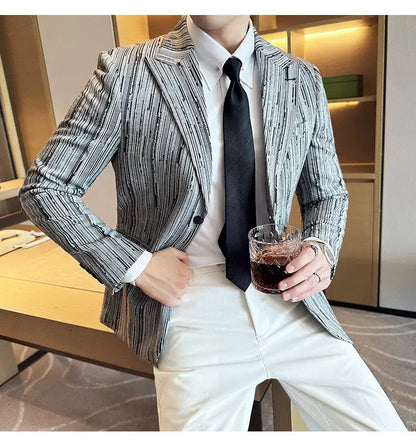 Fashion Meteor Line Checkered Elegant Suit Jacket Men Fashion De Luxe Business Slim Fit Single Breasted Social Party Dress Coats