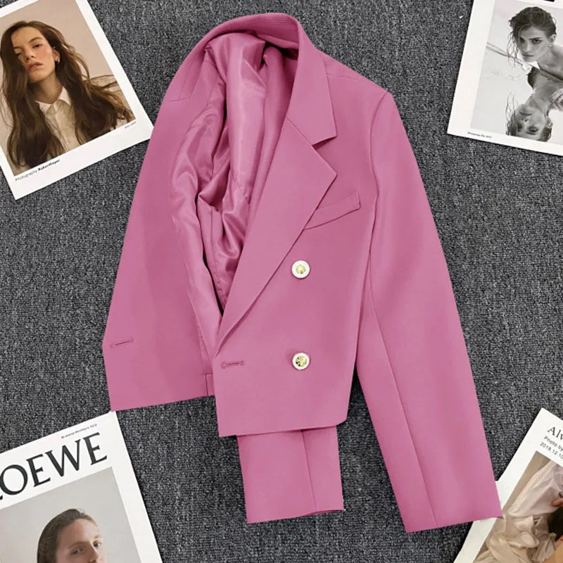 Lucyever Cropped Blazer Jacket Women Korean Fashion Double-Breasted Suit Coat 2024 Autumn New Casual Simple Office Lady Blazers