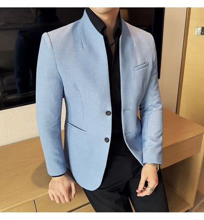 New Waffle Chinese Stand-Up Collar Blazers Men Slim Fit Business Casual Fashion Suits Jacket Formal Social Prom Party Tuxedos