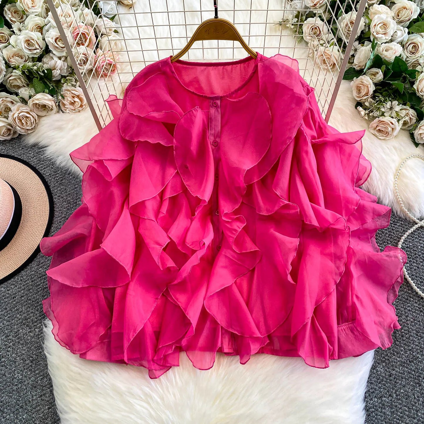 Autumn Blouse for Women Fashion O-neck Long Puff Sleeve Flounced Edge Shirts French Chic Versatile Female Tops Dropshipping