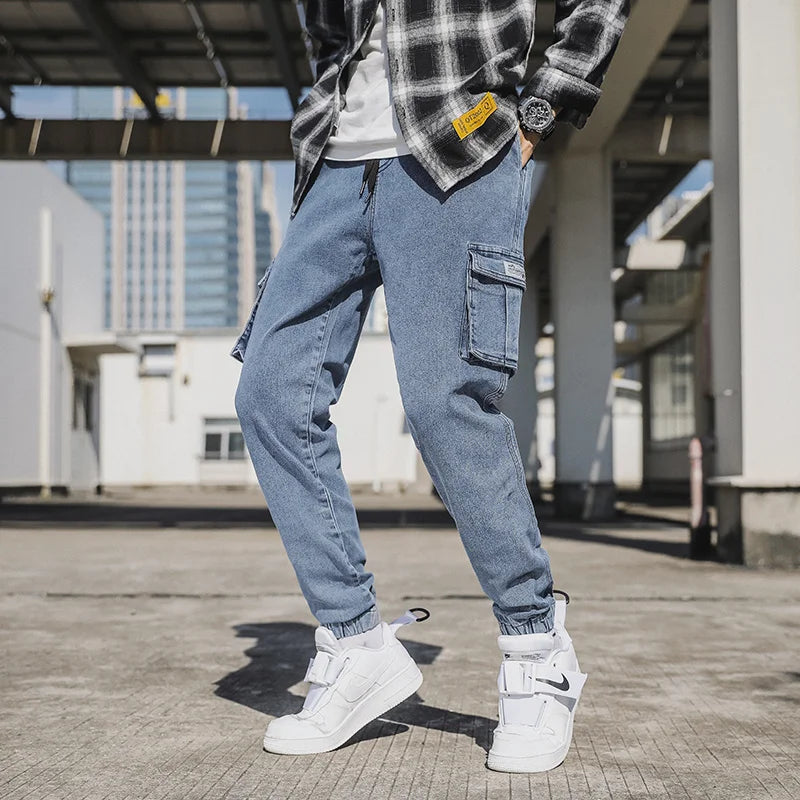 Men's Jogger Jeans Washed Cotton Slight Stretch Multi-Pockets Denim Cargo Pants Asian Size L-6XL